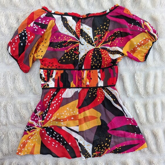 MARCIANO Silk & Cotton Tropical Print Fuchsia Orange.Floral Puff Sleeve Top, XS - Picture 2 of 6